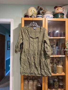 Country Living Olive Green Cotton Eyelet Embroidered Tunic Dress Size L